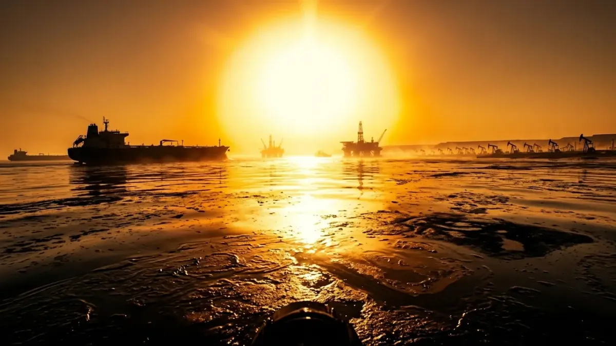 Olietanker en boorplatform bij zonsondergang in de Perzische Golf met oliepompen op de horizon
